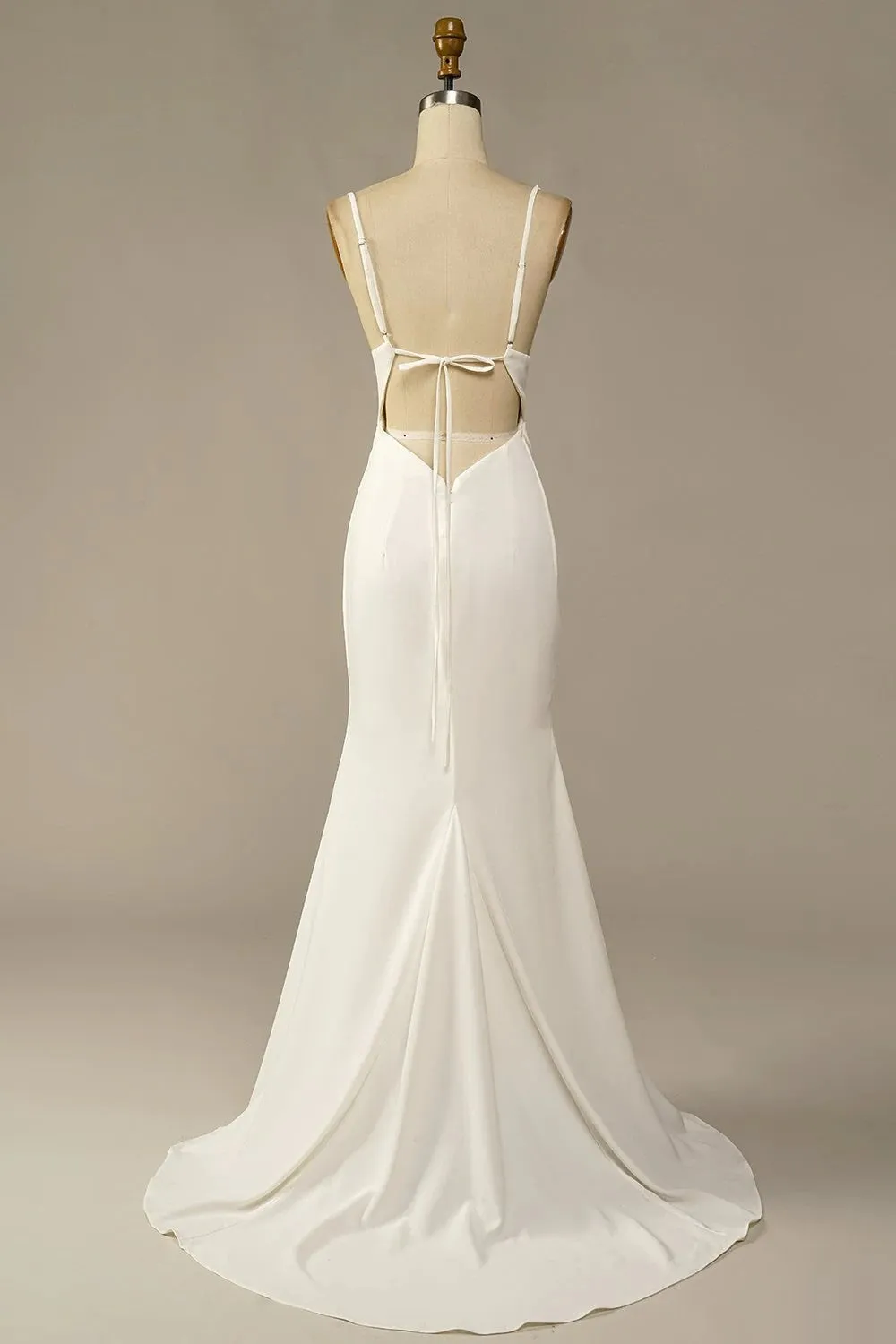 Simple Spaghetti Straps Long Soft Satin Ivory Mermaid Beach Wedding Dresses sold by KissProm product image thumbnail 2