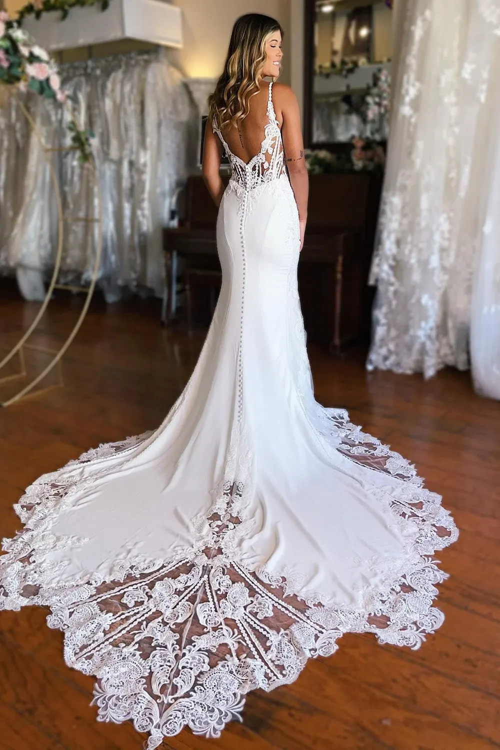 Kiana | White Boho Mermaid Spaghetti Straps Long Wedding Dress with Lace sold by KissProm product image thumbnail 2