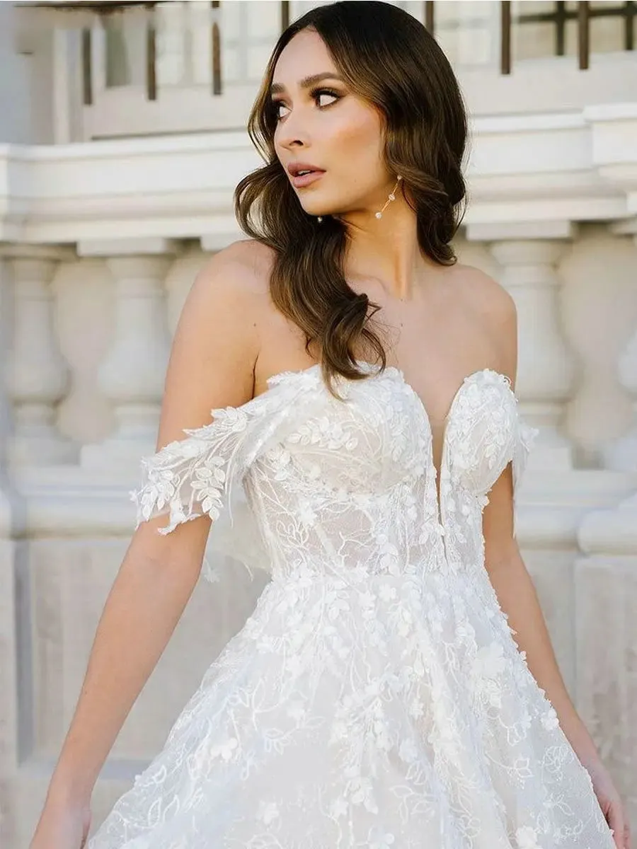 Issel | Sweetheart Off the Shoulder A-Line Tulle Lace Applique With Tulle Train Wedding Dress sold by KissProm product image thumbnail 4