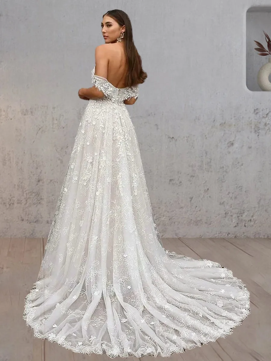 Issel | Sweetheart Off the Shoulder A-Line Tulle Lace Applique With Tulle Train Wedding Dress sold by KissProm product image thumbnail 2