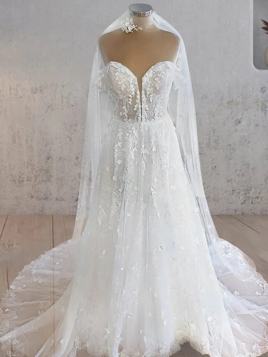 Issel | Sweetheart Off the Shoulder A-Line Tulle Lace Applique With Tulle Train Wedding Dress sold by KissProm