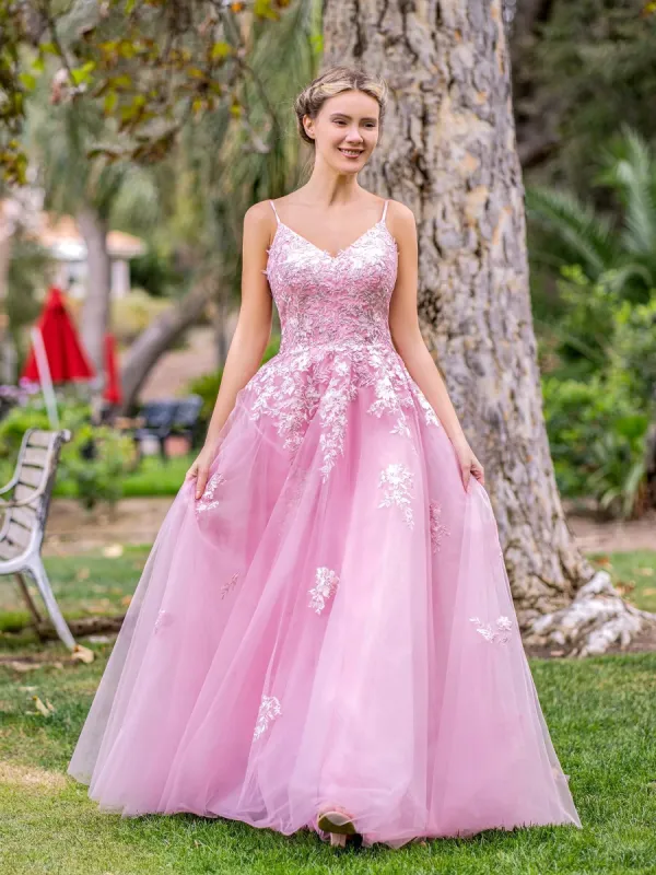 Deep V-Neck Applique Lace Floor Length Tulle Prom Dress sold by KissProm
