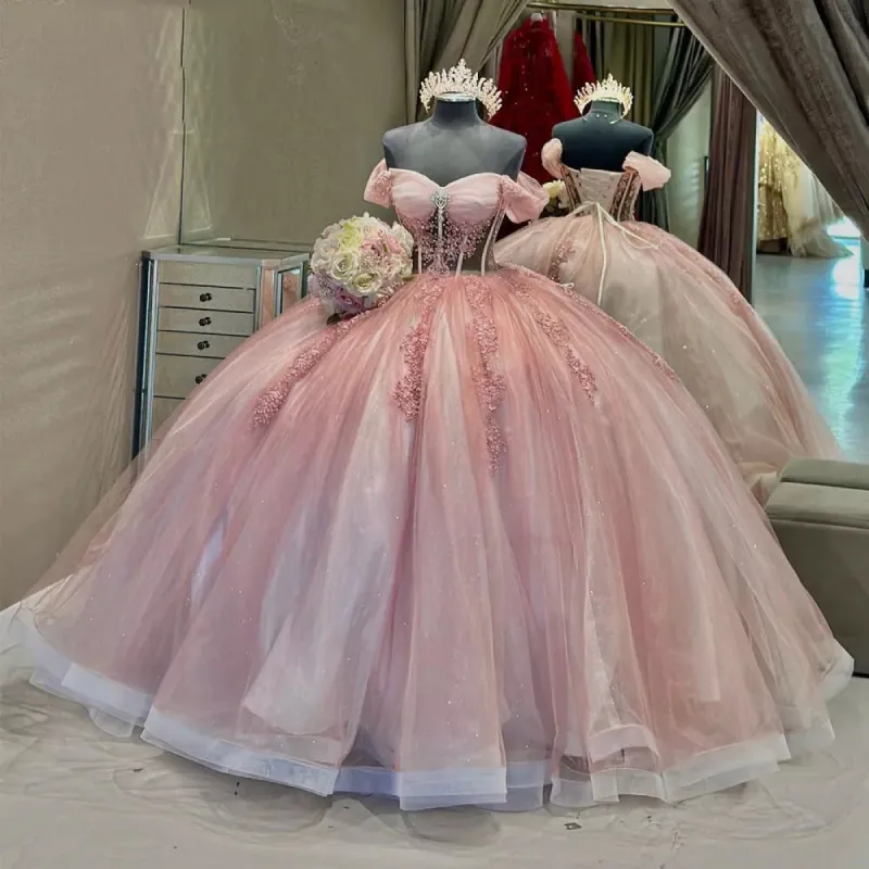 Ball-Gown Pink Off-the-Shoulder Quinceanera Dresses sold by KissProm