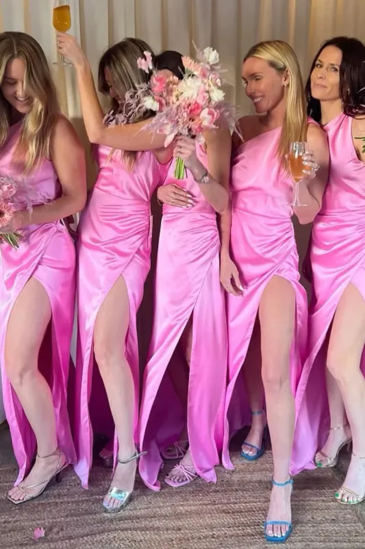 Fashion Sheath One Shoulder Pink Satin Bridesmaid Dresses sold by KissProm