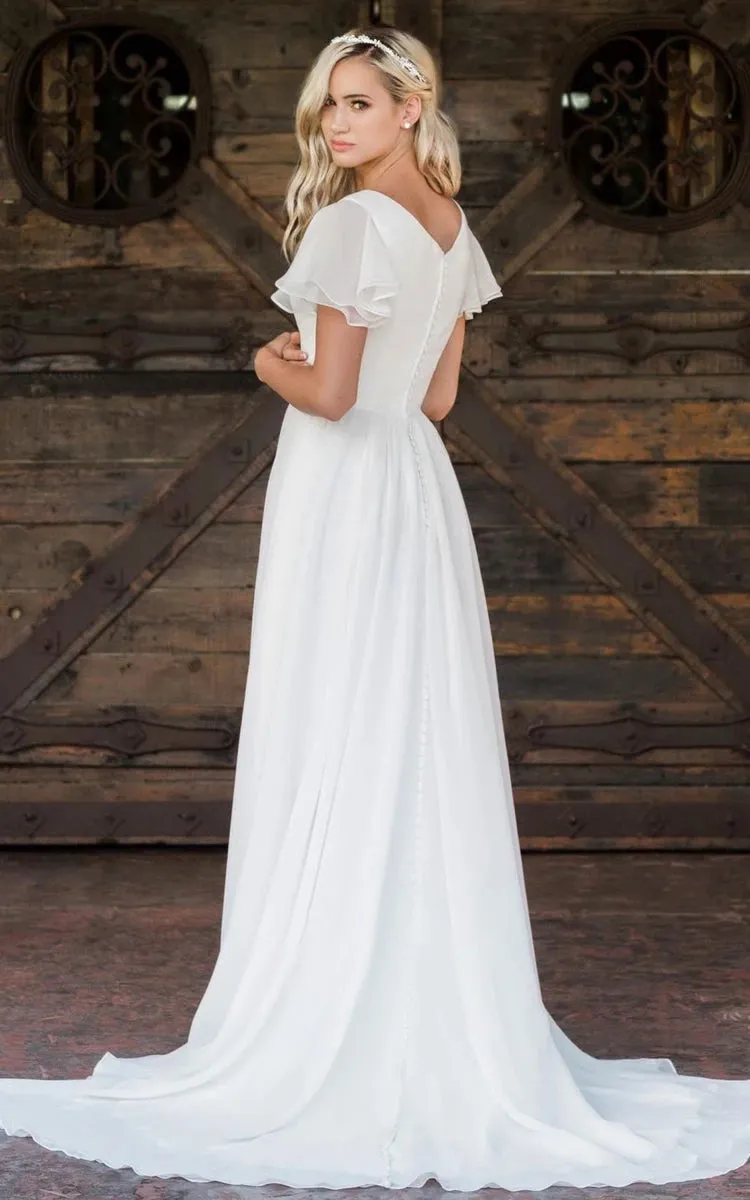 Liora | A Line V-neck Chiffon Floor-length Brush Train Short Sleeve Wedding Dress with Ruffles sold by KissProm product image thumbnail 3