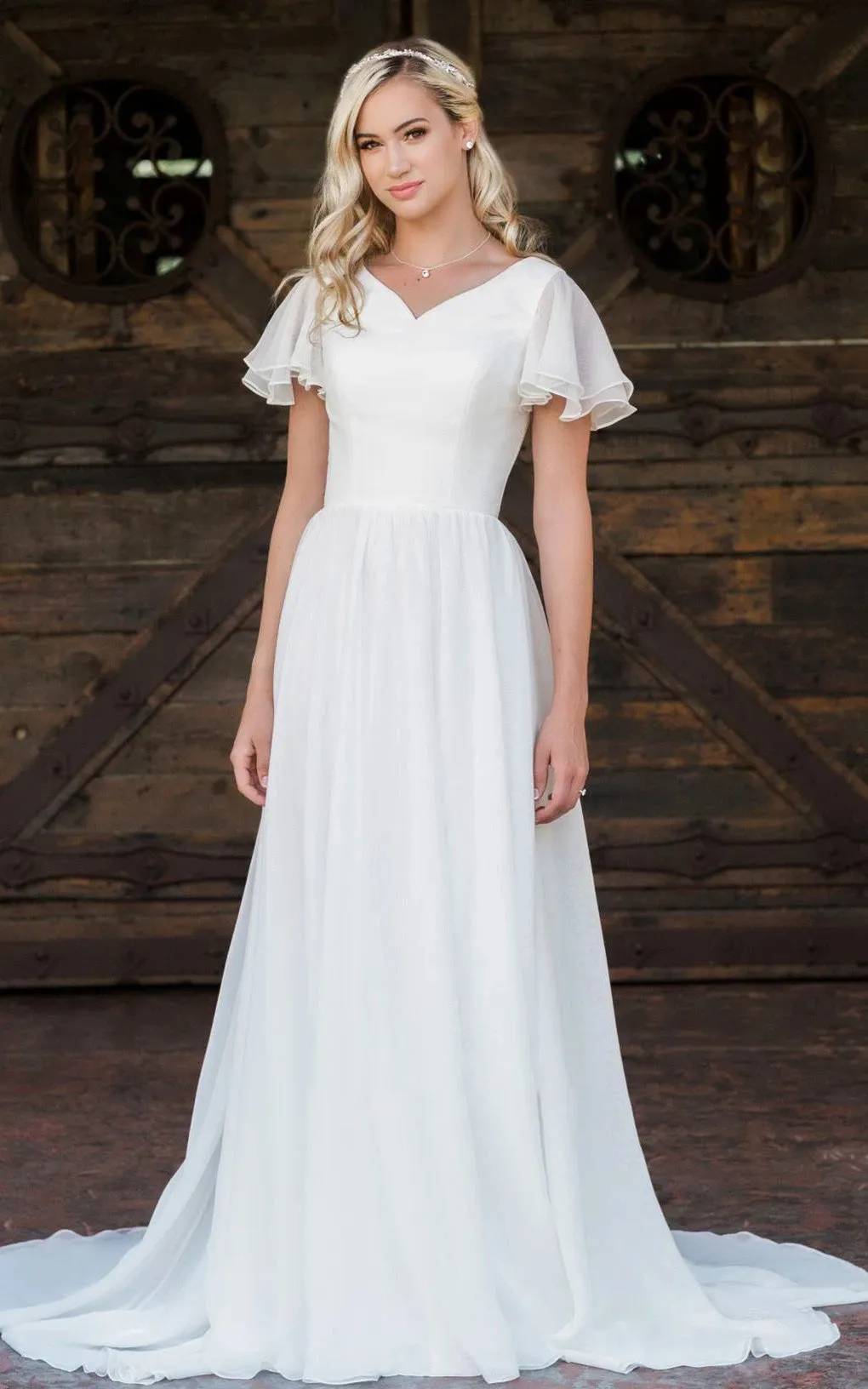 Liora | A Line V-neck Chiffon Floor-length Brush Train Short Sleeve Wedding Dress with Ruffles sold by KissProm