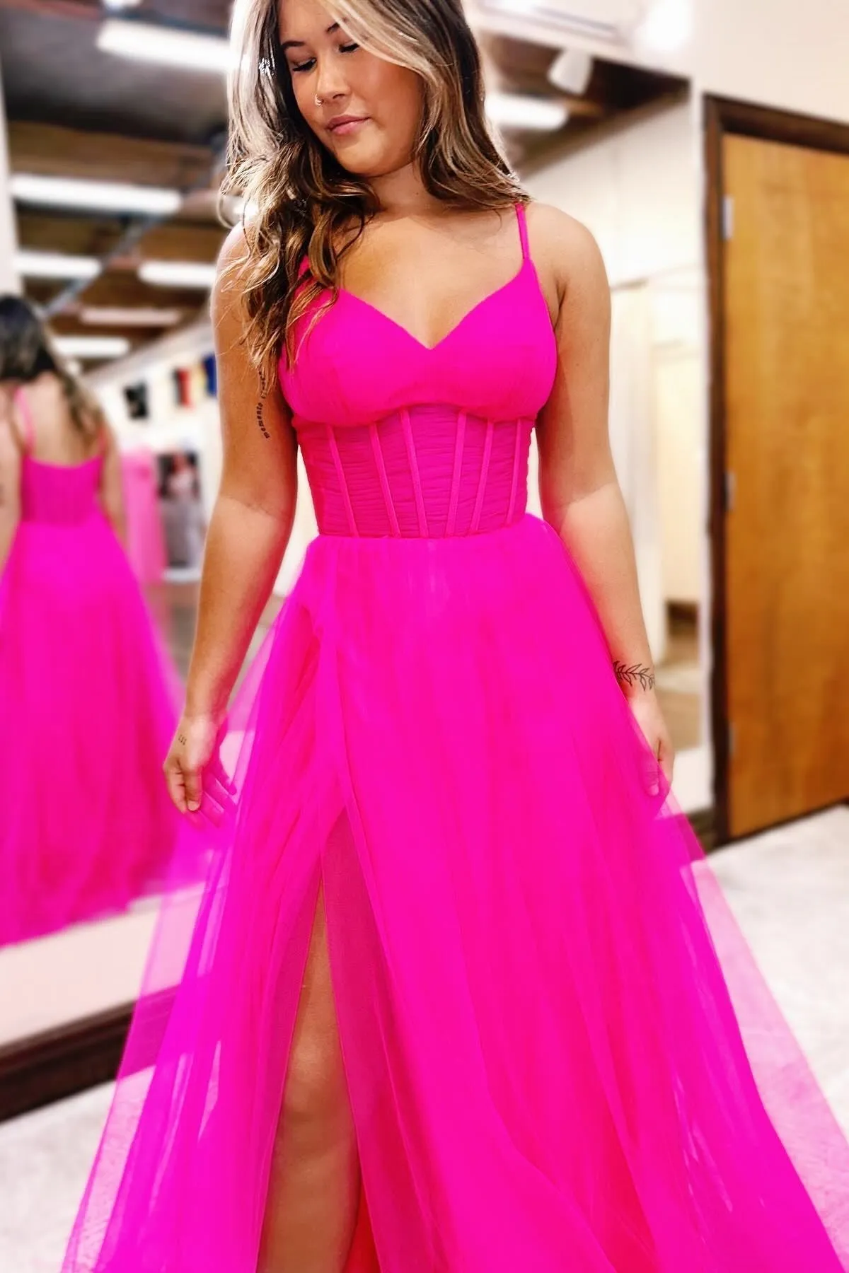 Galilea | Fuchsia V-Neck Sheer Bodice A-Line Long Prom Dress with Slit sold by KissProm product image thumbnail 2