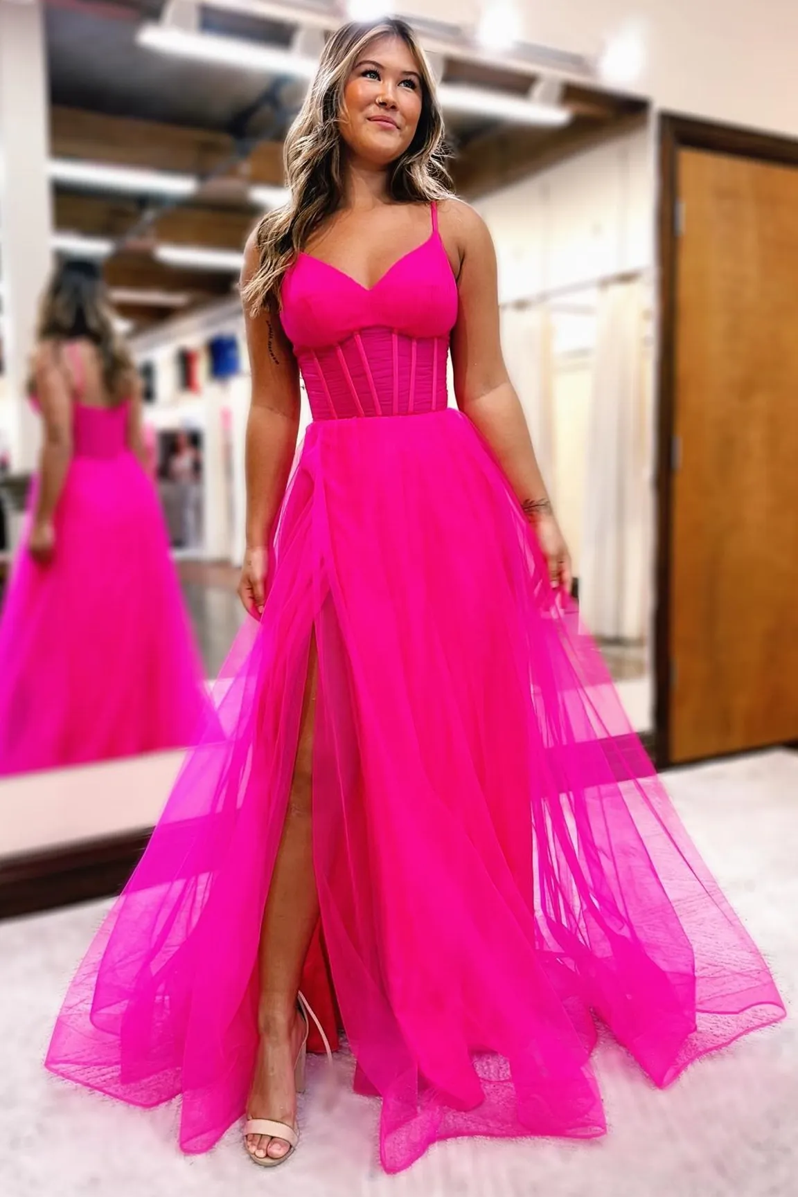 Galilea | Fuchsia V-Neck Sheer Bodice A-Line Long Prom Dress with Slit sold by KissProm