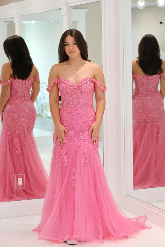 Suzanne | Pink Mermaid Off the Shoulder Tulle Long Prom Dress with Appliques sold by KissProm