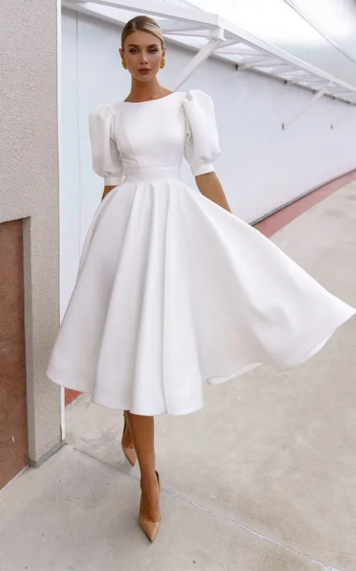 Elegant Bateau A Line Satin Knee-length Wedding Dress sold by KissProm