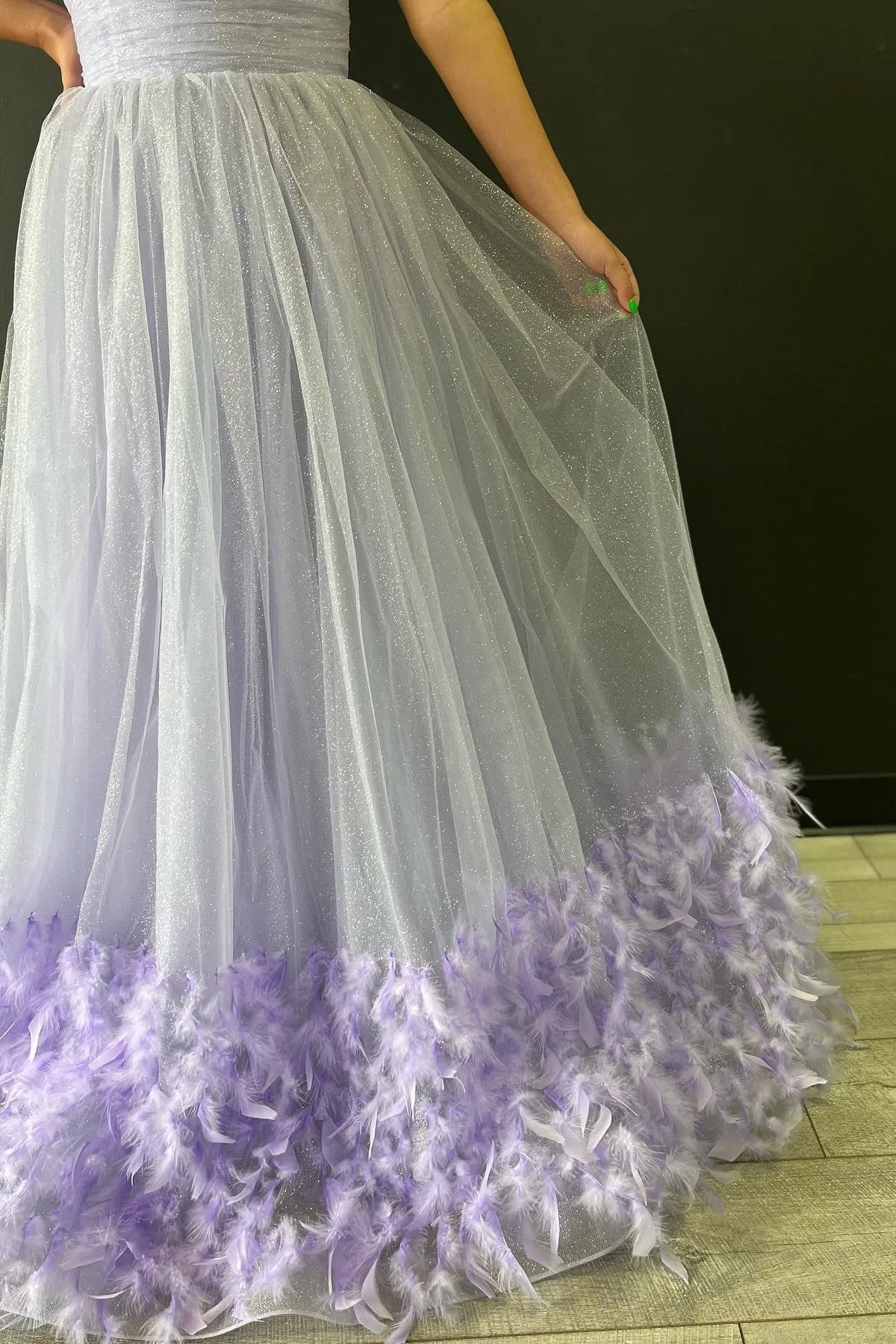 Lavender Strapless Pleated A-Line Prom Dress with Feathers sold by KissProm product image thumbnail 2