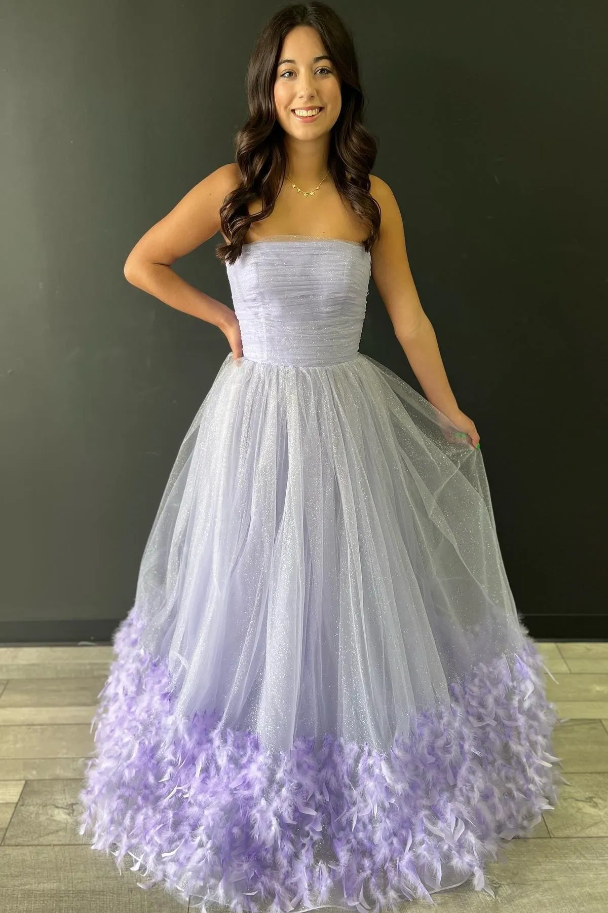 Lavender Strapless Pleated A-Line Prom Dress with Feathers sold by KissProm