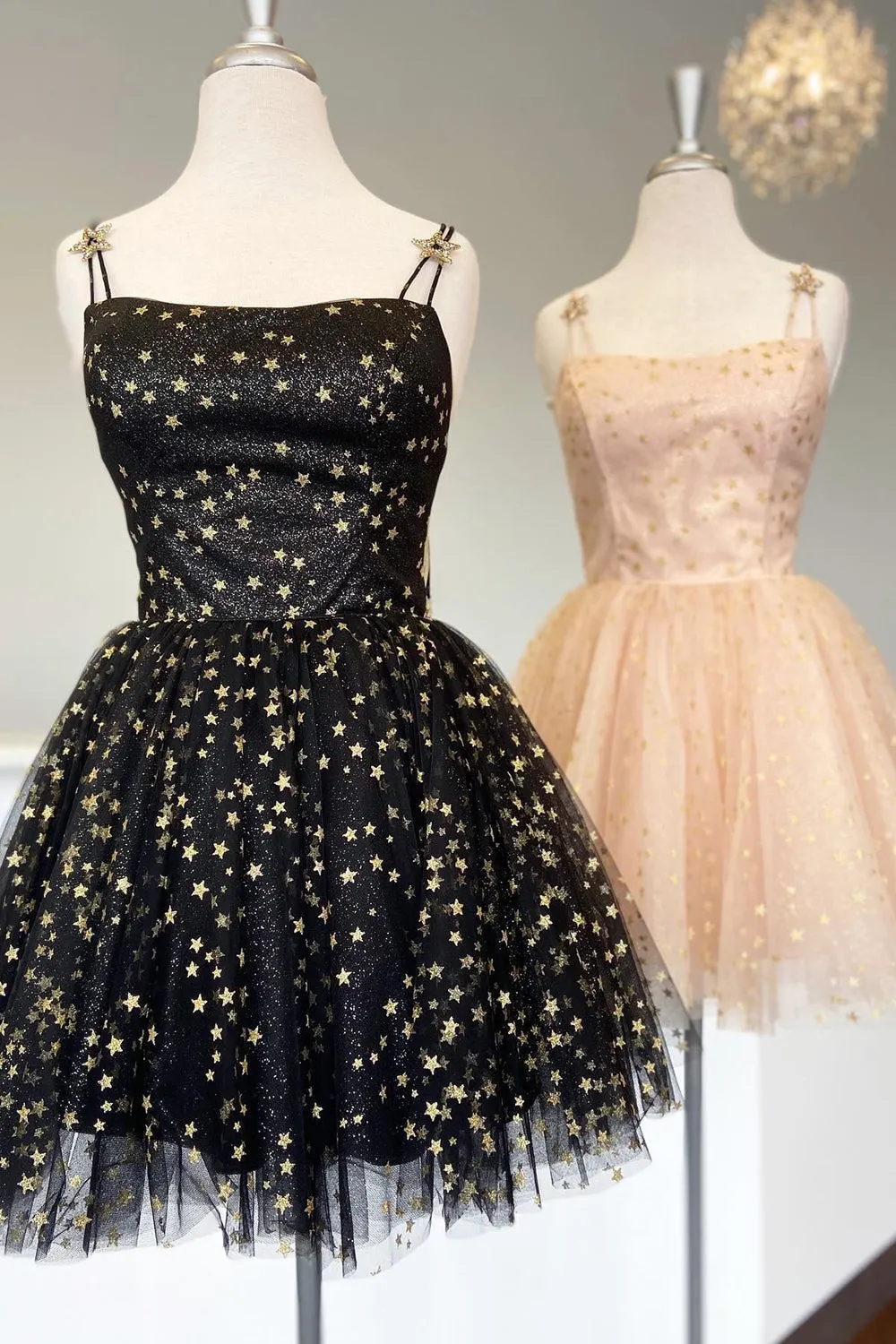 Straps Champagne A-Line Tulle Homecoming Dress with Gold Stars sold by KissProm product image thumbnail 3