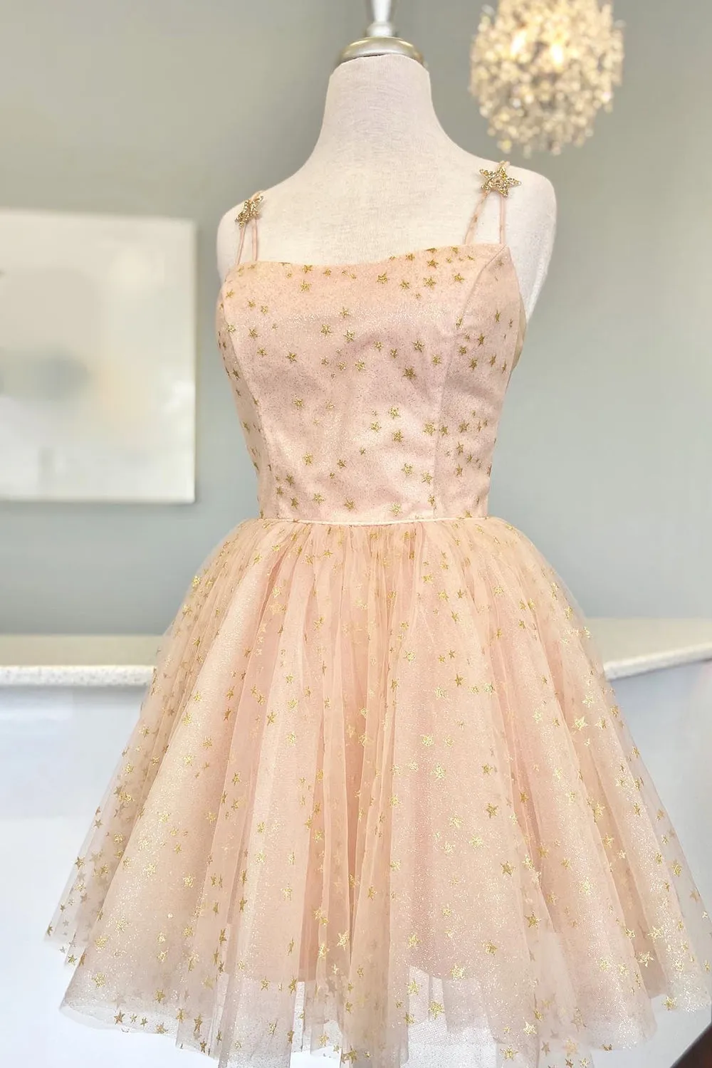 Straps Champagne A-Line Tulle Homecoming Dress with Gold Stars sold by KissProm product image thumbnail 2