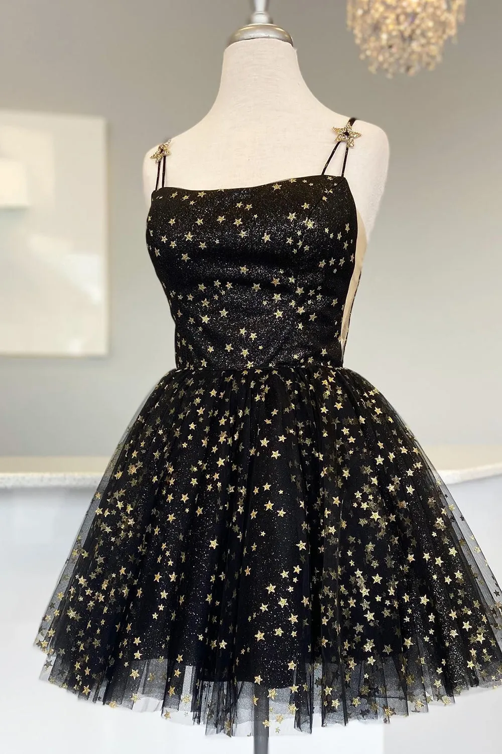Straps Champagne A-Line Tulle Homecoming Dress with Gold Stars sold by KissProm