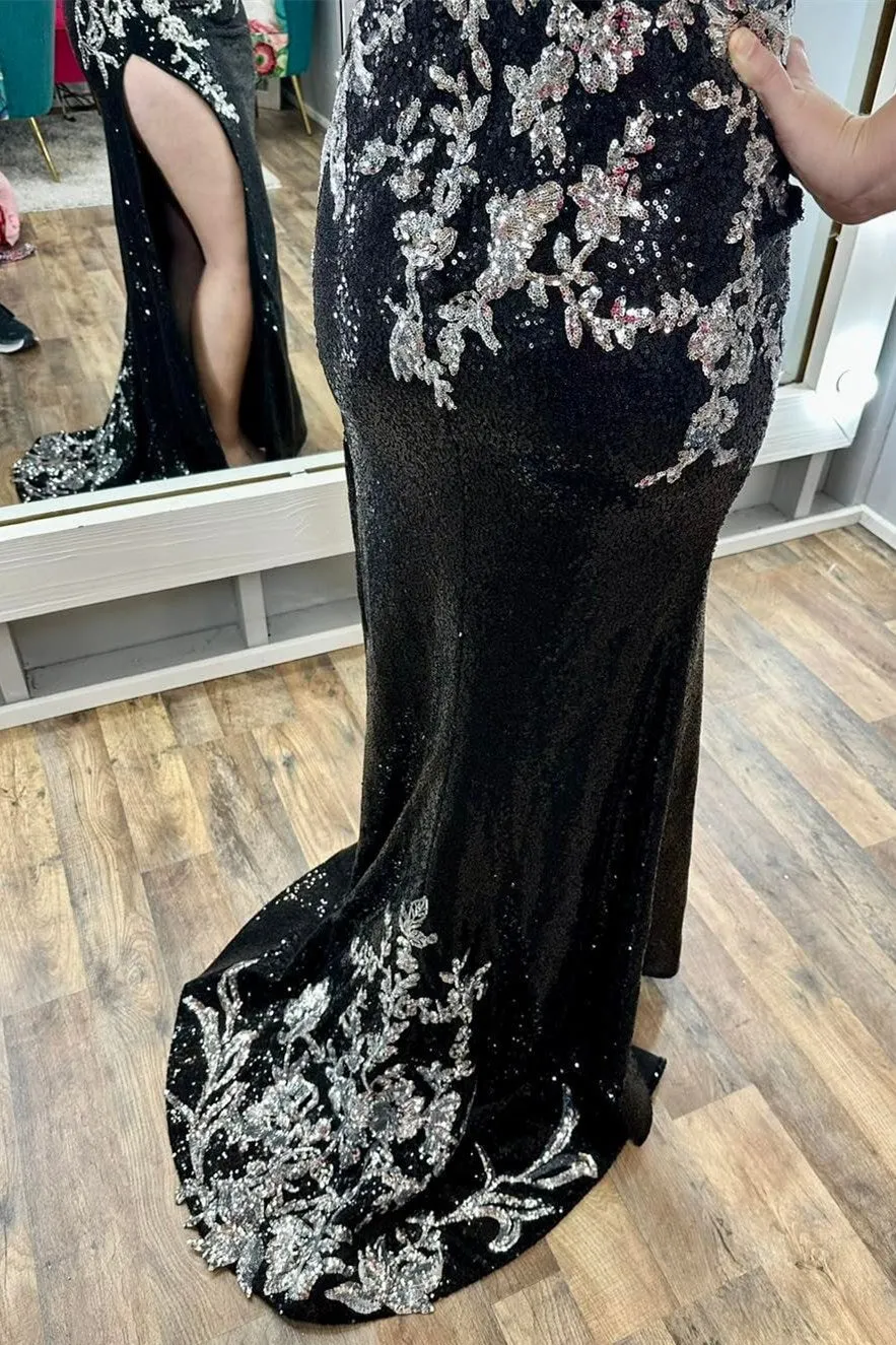 Charleigh | Black Sequin Appliques Spaghetti Strap Long Prom Dress with Slit sold by KissProm product image thumbnail 3