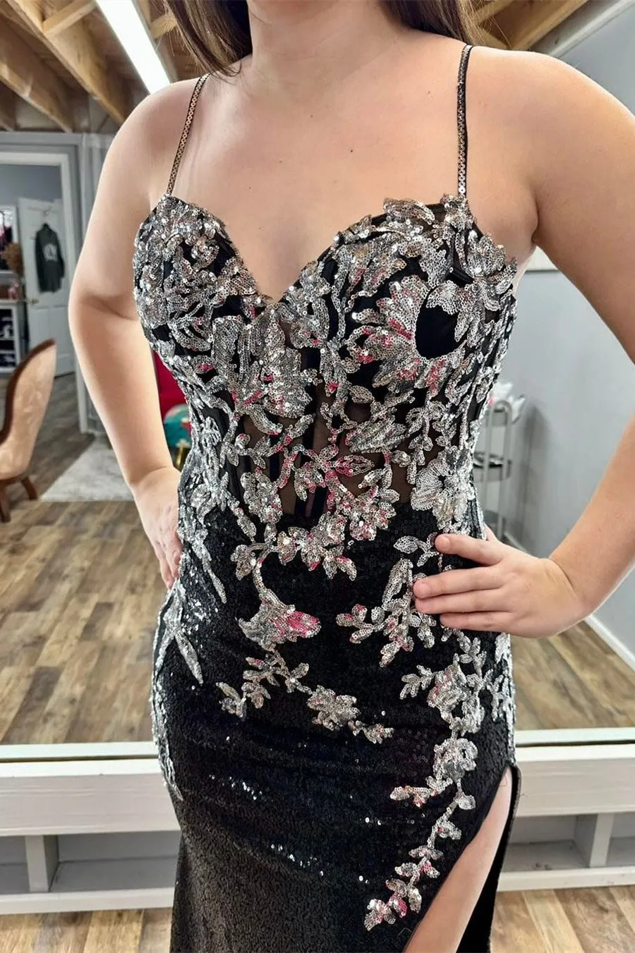 Charleigh | Black Sequin Appliques Spaghetti Strap Long Prom Dress with Slit sold by KissProm product image thumbnail 2