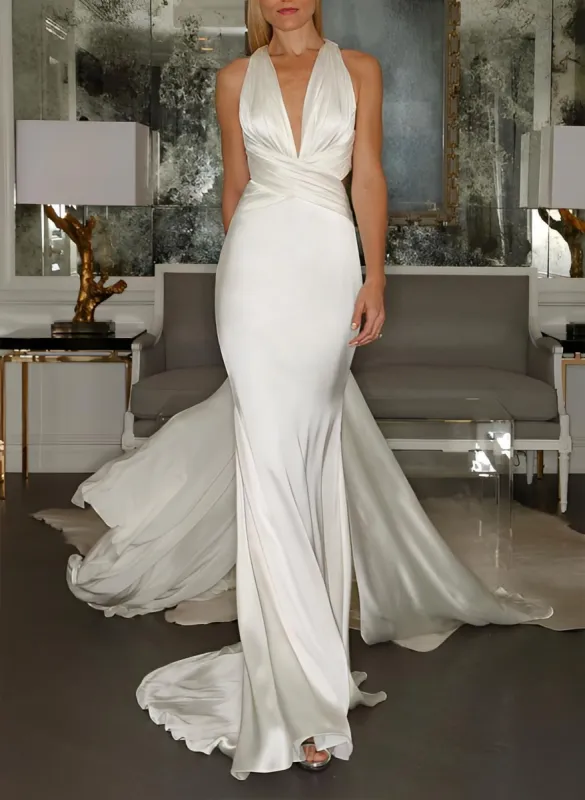 Mermaid V-Neck Sleeveless Sweep Train Silk Like Satin Wedding Dresses sold by KissProm