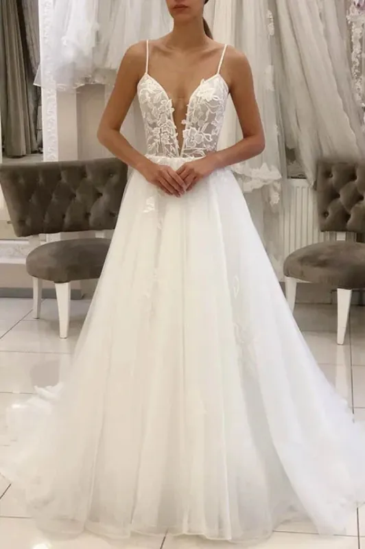 A-Line Spaghetti Straps Tulle Appliques Rustic Wedding Dress sold by KissProm