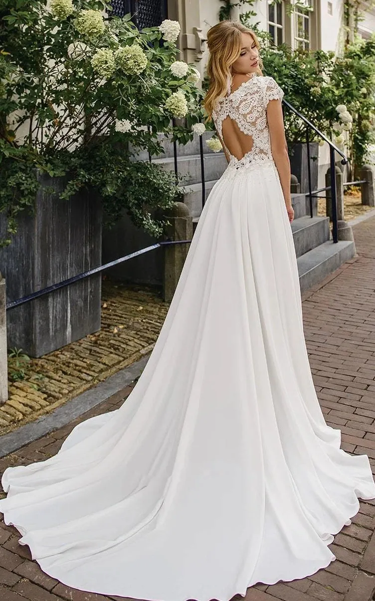 Elegant Satin and Lace Bateau A Line Court Train Wedding Dress with Ruching sold by KissProm product image thumbnail 2