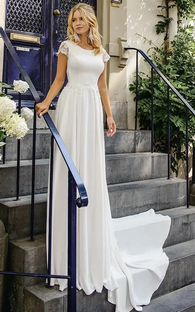 Elegant Satin and Lace Bateau A Line Court Train Wedding Dress with Ruching sold by KissProm