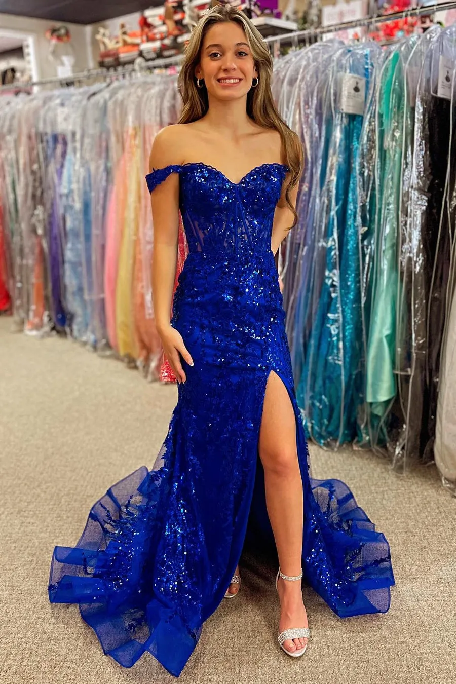 Soleil | Gold Sequin Lace Off the Shoulder Mermaid Prom Dress sold by KissProm product image thumbnail 5