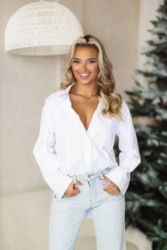 Captivating Embellished Cuff Button Down Shirt - White sold by Hazel & Olive