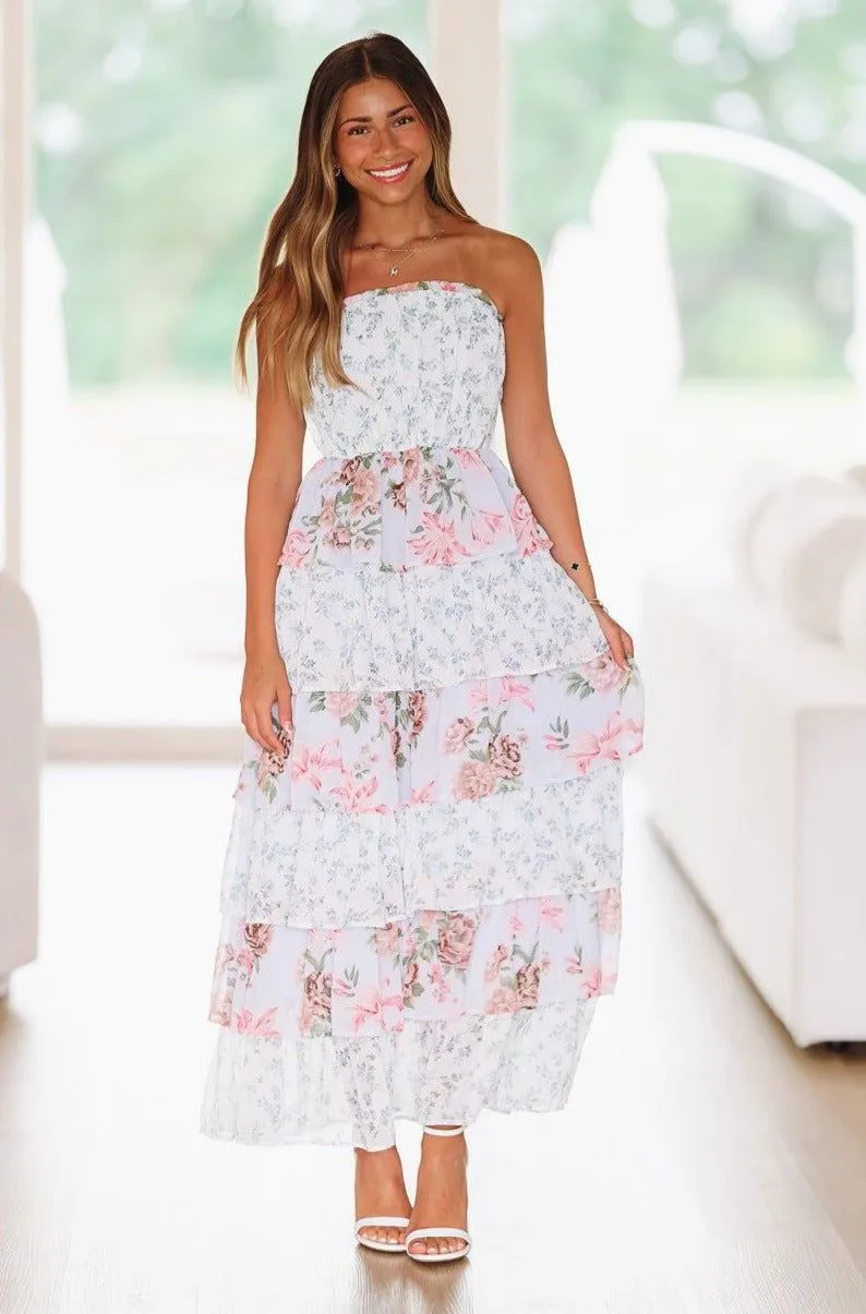 Sunlight Spotlight Maxi Dress - Ivory, Light Blue, Lavender sold by Hazel & Olive