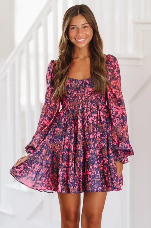 All Right With Me Mini Dress - Navy, Brown and Fuchsia sold by Hazel & Olive