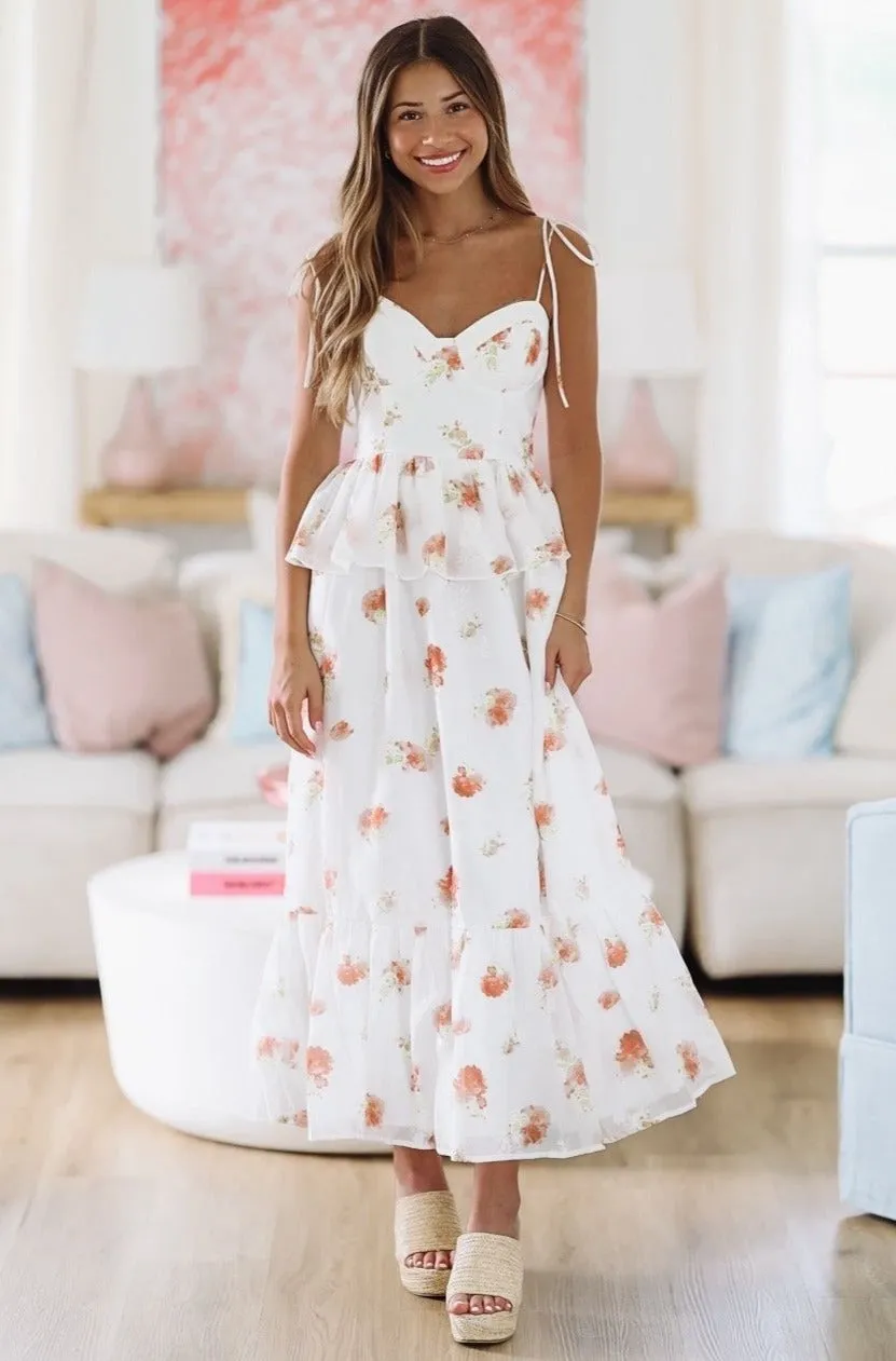 Nobody Like You Floral Midi Dress - White and Peach sold by Hazel & Olive