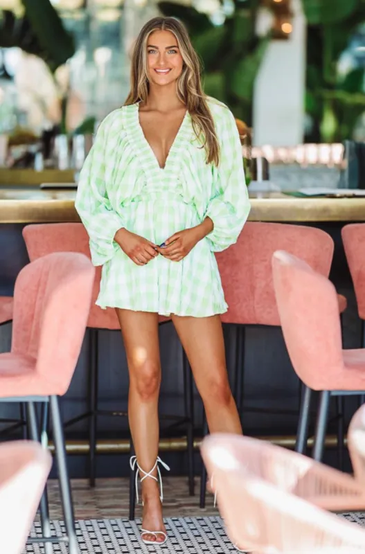Beach Town Plaid Romper - Apple Green sold by Hazel & Olive