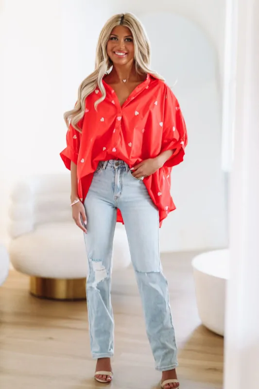 Seeing Hearts Button Down Shirt - Red White and Pink sold by Hazel & Olive