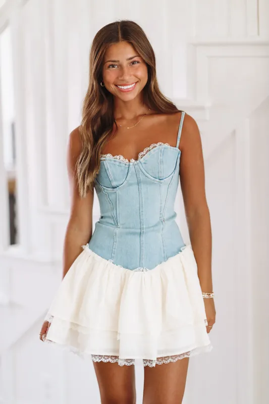 Crowley Corner Mini Dress - Denim and White sold by Hazel & Olive