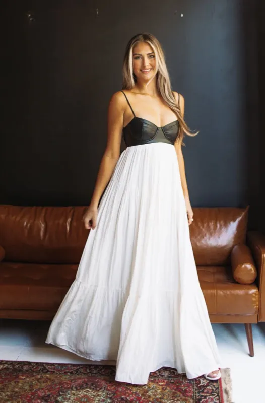 Caviar Dreams Maxi Dress - Ivory and Vegan Black Leather sold by Hazel & Olive