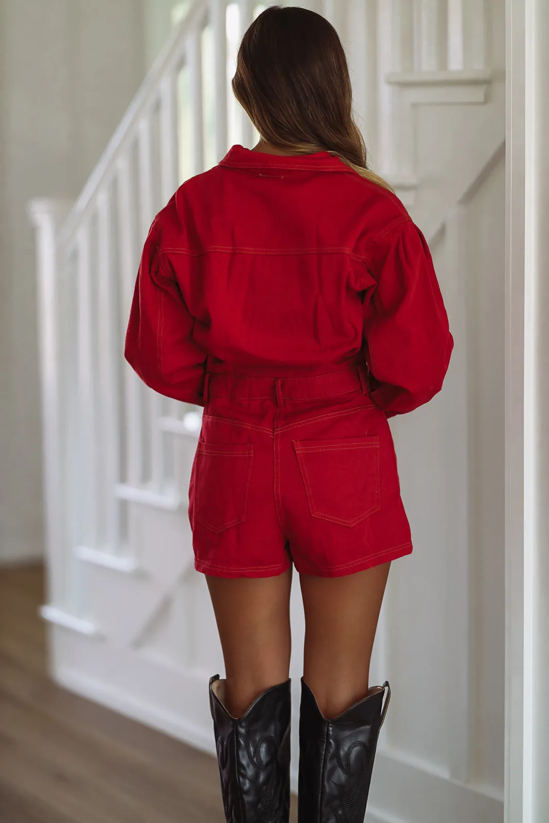 Roll With Us Denim Romper - Crimson Red sold by Hazel & Olive product image thumbnail 2