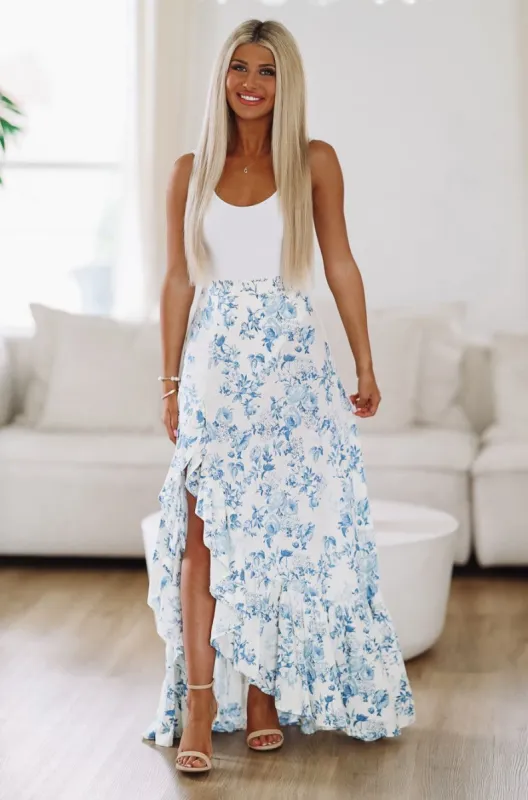 Go With the Flow Maxi Skirt - Blue and White sold by Hazel & Olive