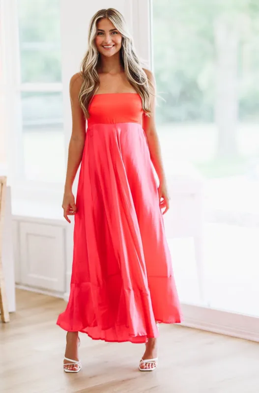 Got The Invite Satin Maxi Dress - Pink and Red sold by Hazel & Olive