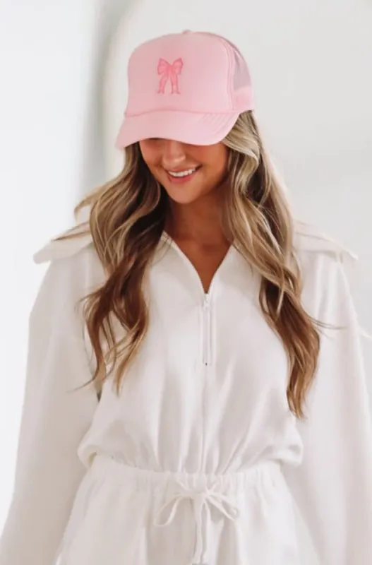 Embroidered Bow Trucker Hat - Pink sold by Hazel & Olive