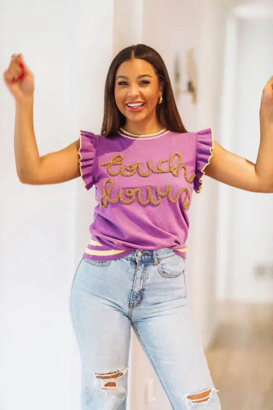 Touchdown Tinsel Sweater - Purple and Yellow Gold sold by Hazel & Olive