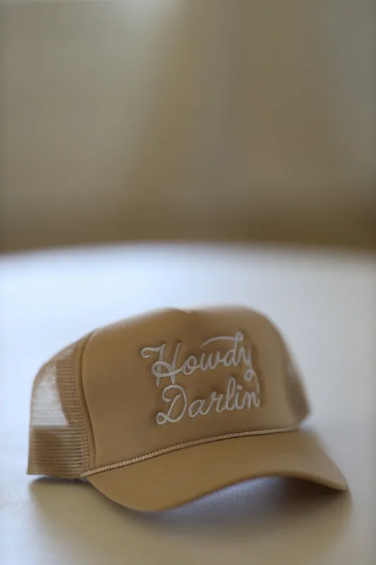 Howdy Darlin' Embroidered Trucker Hat -  Beige sold by Hazel & Olive
