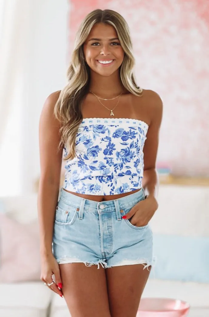 You, You Love It Strapless Floral Crop Top - White and Blue sold by Hazel & Olive