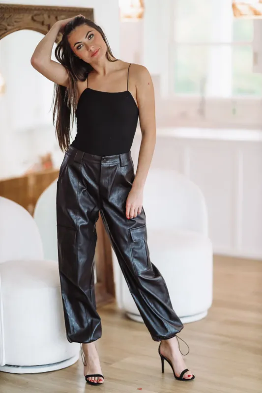 Cargo Vegan Leather Joggers - Black sold by Hazel & Olive