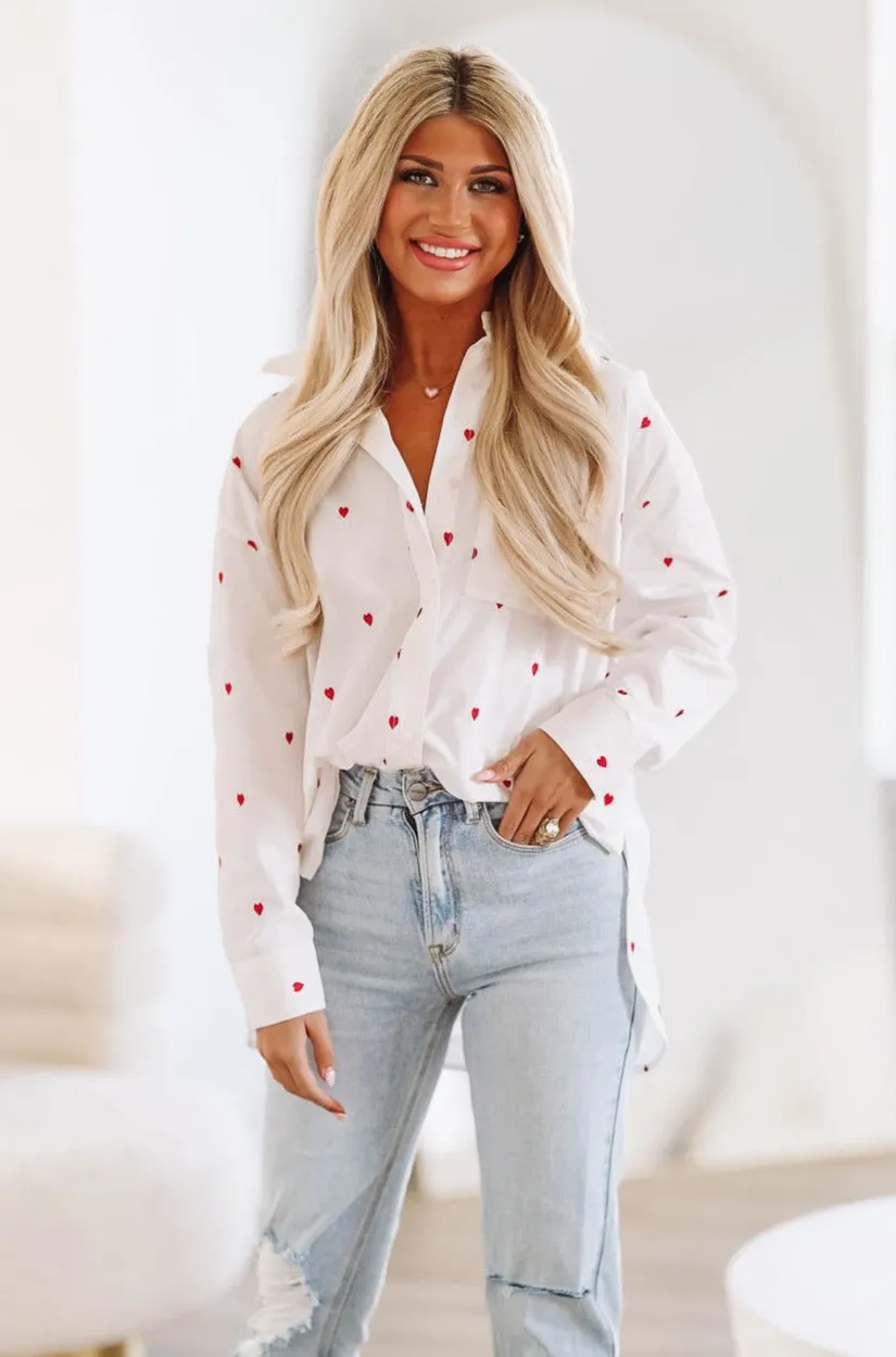 Lil Hearts Button Down Shirt - White and Red sold by Hazel & Olive