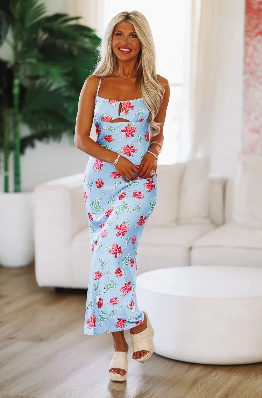 Flower Power Satin Maxi Gown Dress - Blue sold by Hazel & Olive