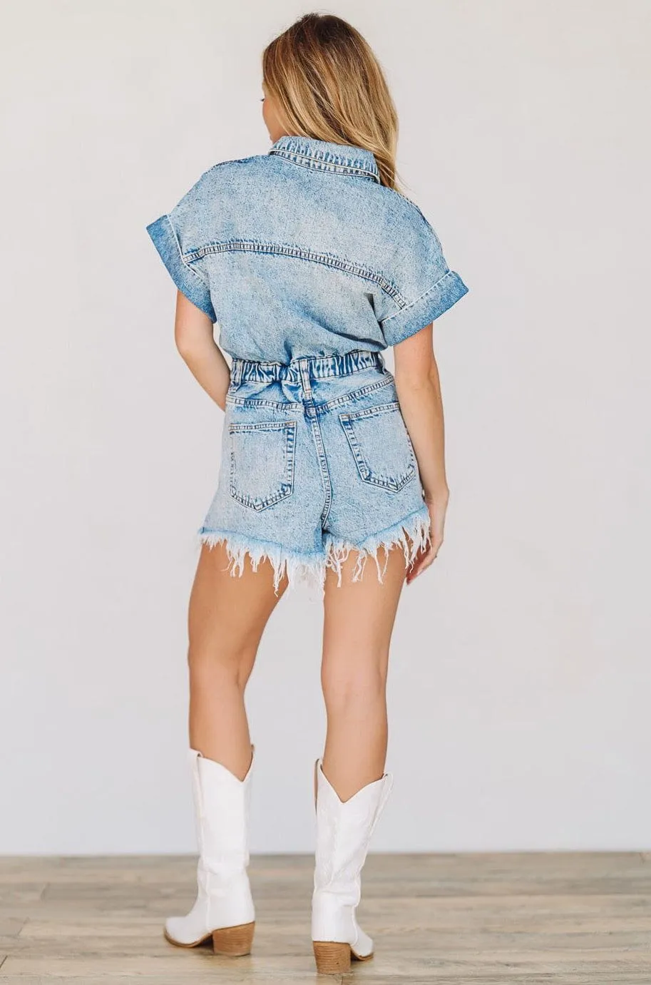 Just So You Know Denim Romper - Blue Acid Washed sold by Hazel & Olive product image thumbnail 3