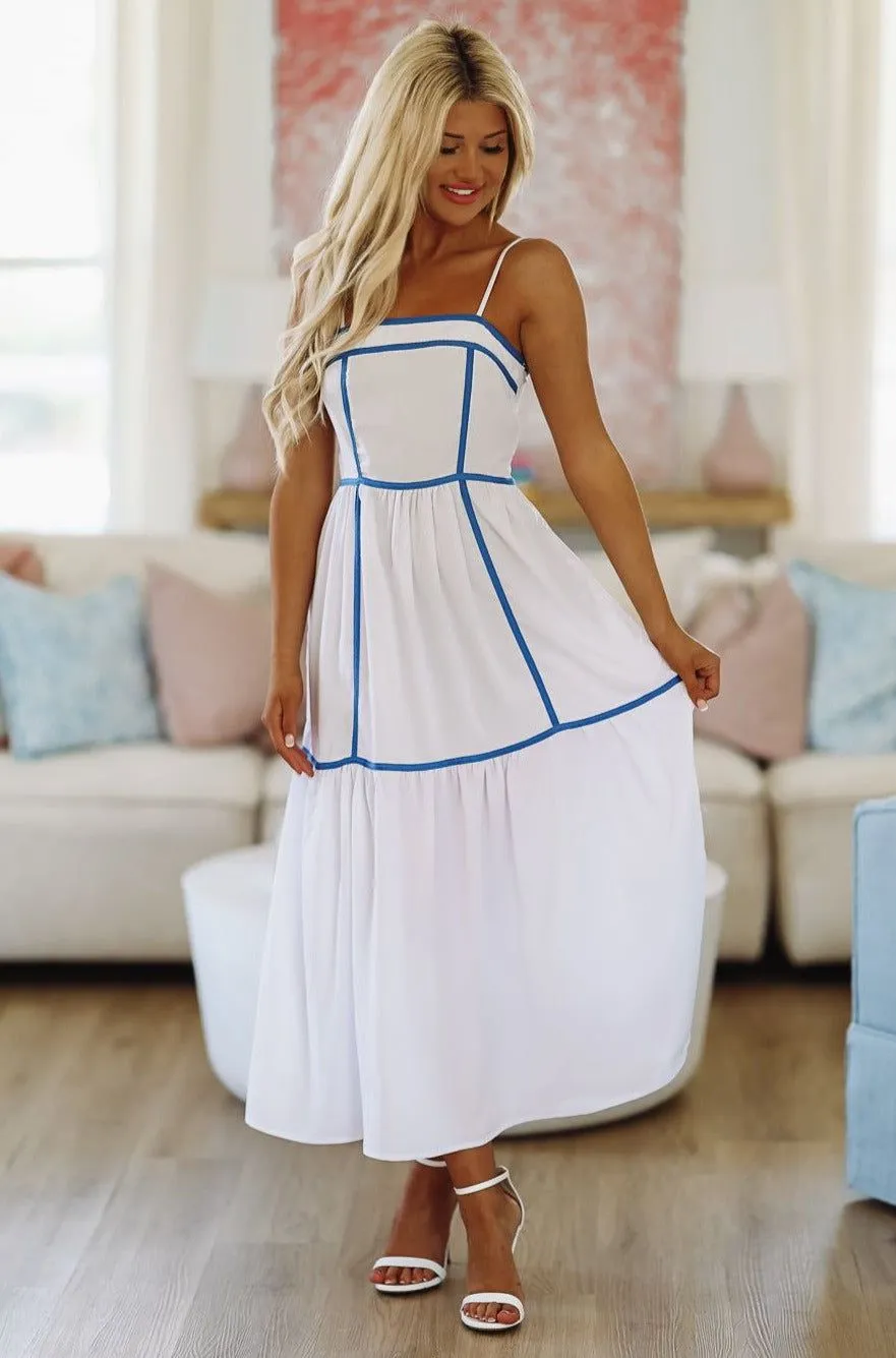 Happiest in the Hamptons Midi Dress - White and Blue sold by Hazel & Olive