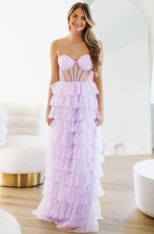 On The VIP List Tiered Maxi Gown - Lavender sold by Hazel & Olive