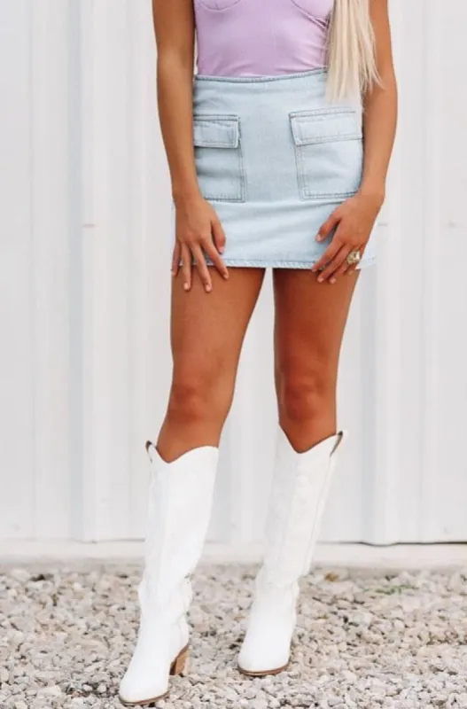 Front Pocket Denim Mini Skirt - Light Wash sold by Hazel & Olive