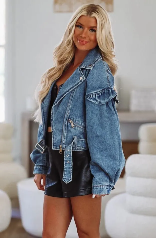 Ruffle Denim Jacket - Medium Wash sold by Hazel & Olive