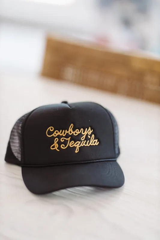 Cowboys & Tequila Embroidered Trucker Hat - Black sold by Hazel & Olive